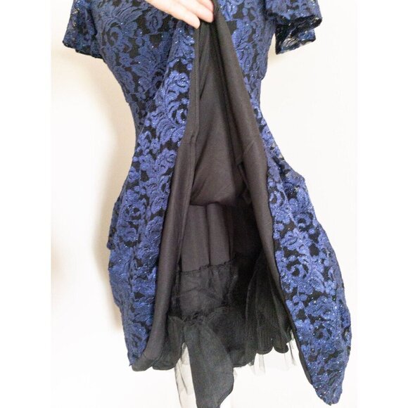 Vintage 2000s Off-Shoulder Blue & Black Glitter Lace Lined Dress S Prom - Picture 7 of 14